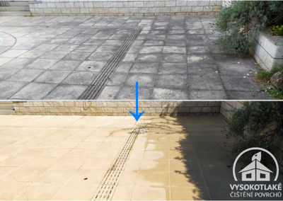 Detail porovnání stavu dlažby u rodinného domu v Říčanech před čištěním a po čištění včetně aplikace nano impregnace