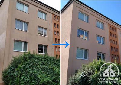 Porovnání stavu fasády panelového domu v Mělníku před čištěním a po