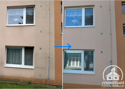 Detail porovnání stavu fasády panelového domu v Mělníku před čištěním a po