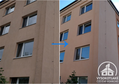 Porovnání stavu fasády panelového domu v Mělníku znečištěné plísní před čištěním a po čištění včetně nástřiku nano technologie