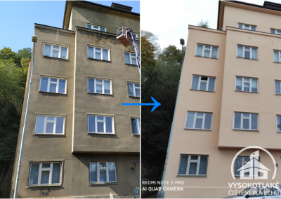 Porovnání stavu fasády bytového domu v Praze 5 před čištěním a po