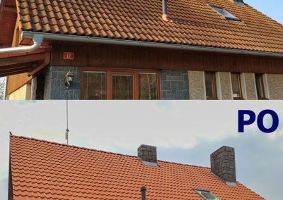 Porovnání stavu střechy z betonových tašek domu v Zaječicích před čištěním od mechů a lišejníků a po