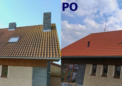 Porovnání stavu střechy z betonových tašek domu v Zaječicích před čištěním a po