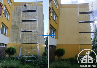 Porovnání stavu fasády panelového domu v Praze 6 před čištěním a po