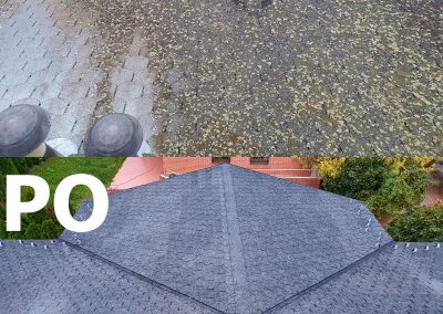 Detail porovnání stavu šindelové střechy rodinného domu v Praze před čištěním a po