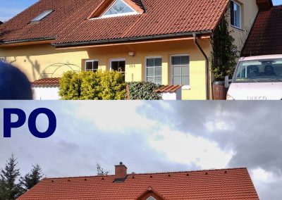 Porovnání stavu střechy rodinného domu v Rabštejnské Lhotě před čištěním od mechů a lišejníků a po čištění