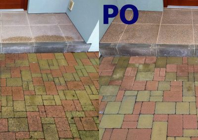 Porovnání silně znečištěné zámkové dlažby u rodinného domu v Průhonicích se stavem po čištění a aplikaci nano impregnace