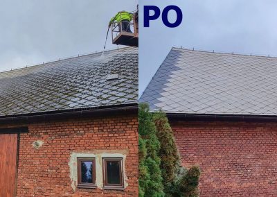 Porovnání stavu eternitové střechy domu ve Vlčicích před čištěním a po čištění a nátěru