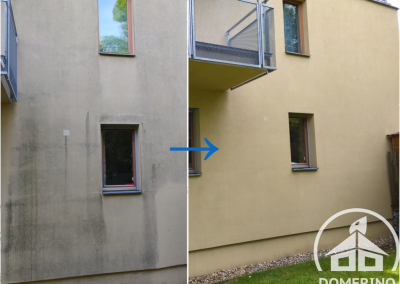 Detailní porovnání stavu fasády panelového domu v Praze – Hlubočepích před čištěním a po, včetně aplikace nano impregnace