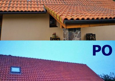 Porovnání stavu střechy rodinného domu v Černolicích před čištěním a po čištění včetně aplikace nanoimpregnace