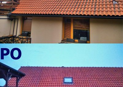 Porovnání stavu střechy rodinného domu v Černolicích před čištěním a po