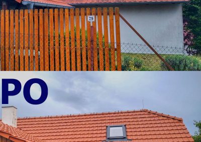 Porovnání stavu střechy rodinného domu v Předboji znečištěné mechem před čištěním a po