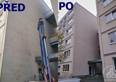 Porovnání stavu fasády bytového domu v Praze 10 před čištěním z plošiny a po