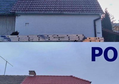 Porovnání stavu střechy řadového domu v Městci Králové porostlé mechy před čištěním a po