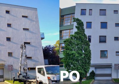 Porovnání stavu fasády bytového domu v Praze 9 před čištěním pomocí plošiny a po