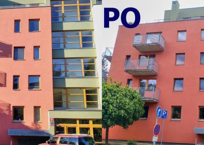Porovnání stavu fasády bytového domu v Praze 9 před čištěním a po