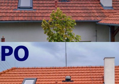 Porovnání stavu střechy rodinného domu v Předboji před čištěním a po