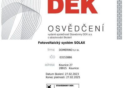 Osvědčení o absolvování školení Fotovoltaický systém Solax