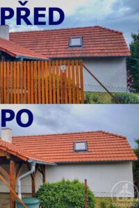 Porovnání stavu střechy rodinného domu znečištěné mechem před čištěním a po