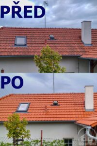 Porovnání stavu střechy rodinného domu znečištěné mechem před čištěním a po