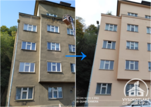 porovnání nátěru historické fasády před a po