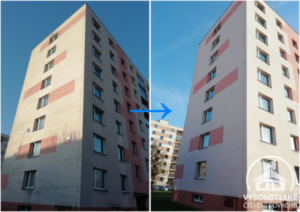 porovnání čištění fasády před a po