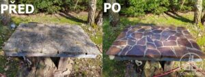 Porovnání kamenné dlažby instalované na stole před čištěním a po