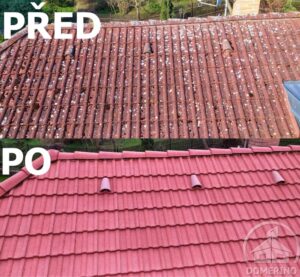 Detailní pohled na střechu rodinného domu v Zásmukách před čištěním a po