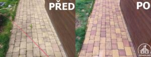 Porovnání stavu zámkové dlažby u rodinného domu před čištěním a po