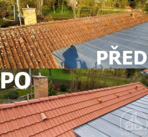 Detail porovnání stavu střechy před čištěním a po
