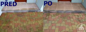 Porovnání silně znečištěné zámkové dlažby se stavem po čištění a aplikaci nano impregnace