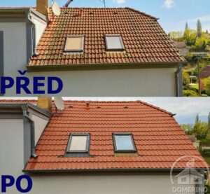 Porovnání stavu střechy rodinného domu před čištěním a po