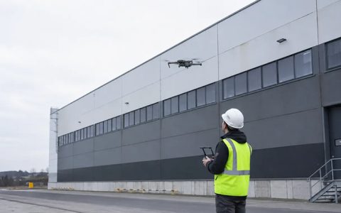 Dron létající kolem kontrolované budovy
