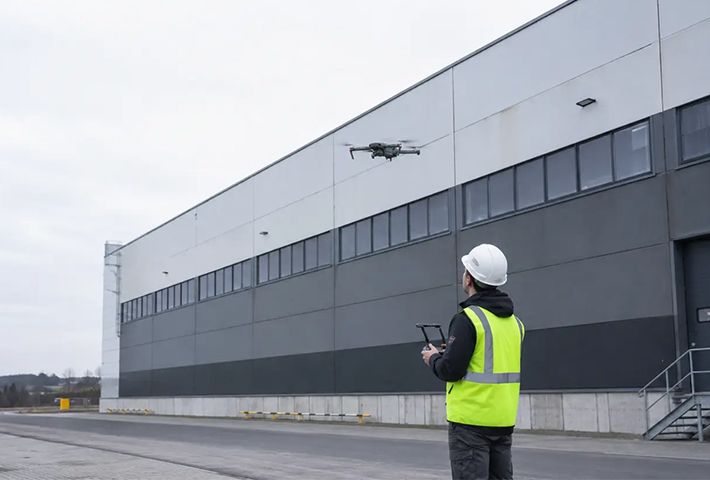 Dron létající kolem kontrolované budovy